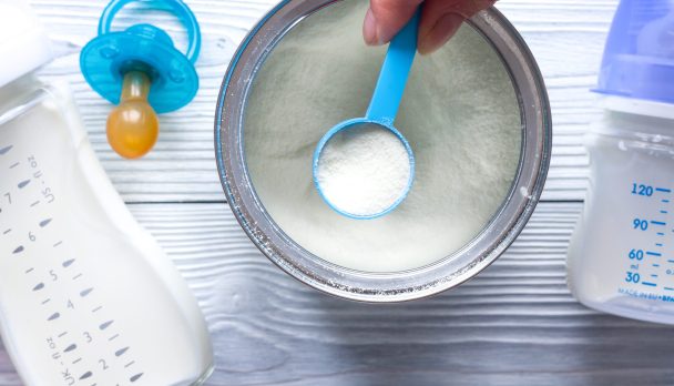 Preparation,Of,Mixture,Baby,Feeding,On,Wooden,Background,Top,Vie